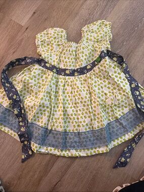 Girls Yellow Green Apple Print Summer Dress with Navy Floral Sash